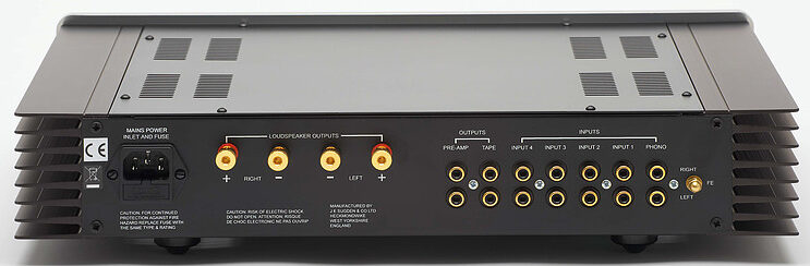 Connectique arrière Sugden A21i Signature entrées RCA et borniers enceintes