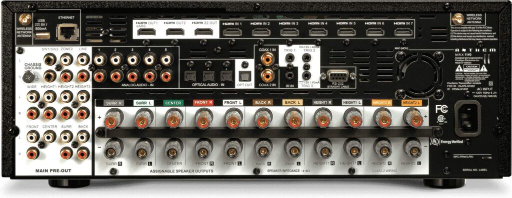 Photo de l’amplificateur Home Cinéma Anthem MRX 1140, 11.2 canaux, offrant un son multicanal immersif et précis pour films et musique. SON HD SALON PRIVE