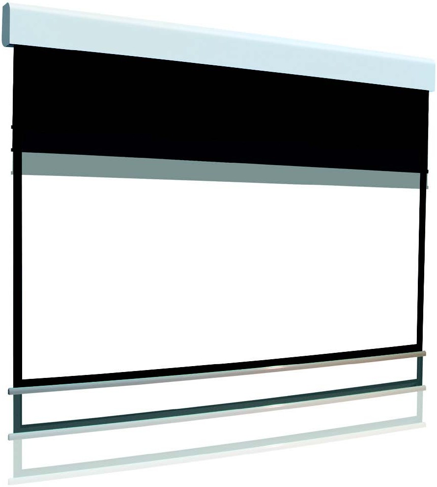 Écran motorisé pour vidéoprojecteur, déroulement silencieux et design épuré pour salon moderne.