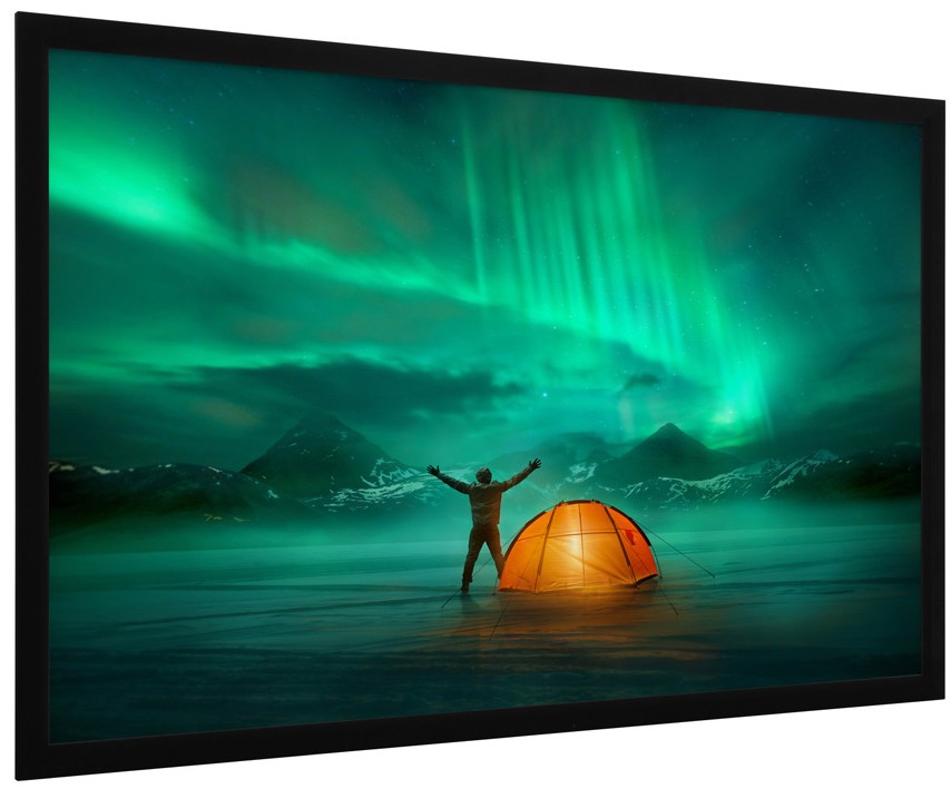 Écran de vidéoprojecteur fixe à cadre rigide, toile haute tension pour image cinéma ultra précise.