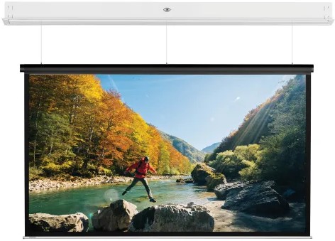 Écran de vidéoprojecteur encastré au plafond, totalement invisible une fois replié.