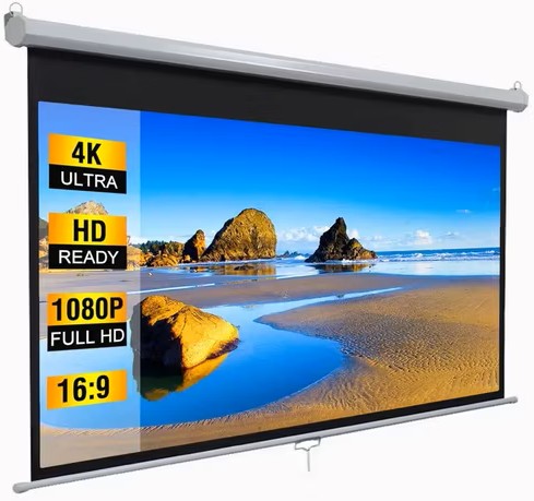 Écran de projection manuel à déroulement fluide, idéal pour installation rapide et flexible.