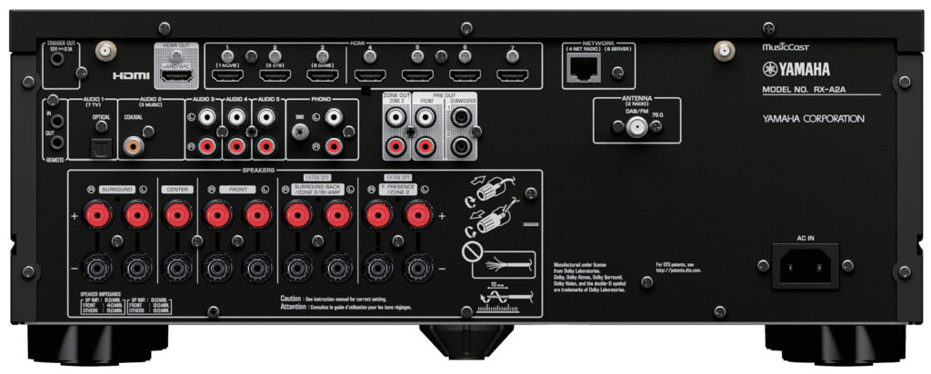 Yamaha RX‑A2A, amplificateur multicanaux Home Cinéma offrant une expérience sonore immersive et fidèle, compatible Dolby Atmos et DTS:X.