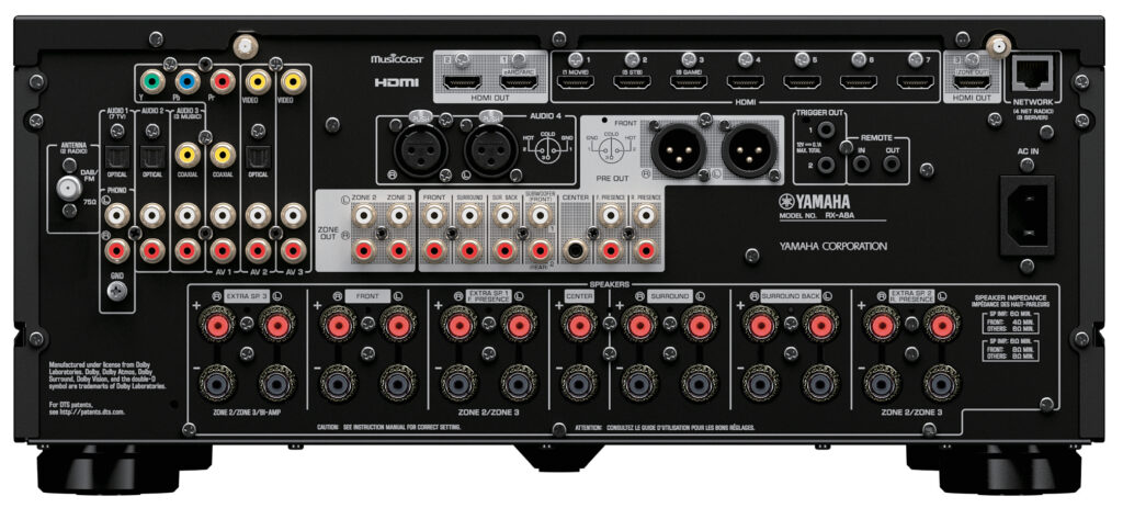 Yamaha RX‑A8A, amplificateur multicanaux Home Cinéma haut de gamme offrant une expérience sonore immersive Dolby Atmos et DTS:X, compatible 4K/8K.