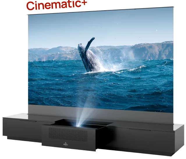 Écran de projection motorisé Awol Vision Vanish – écran Home Cinéma invisible lorsqu’il n’est pas utilisé, installation sur mesure par SON HD SALON PRIVÉ.