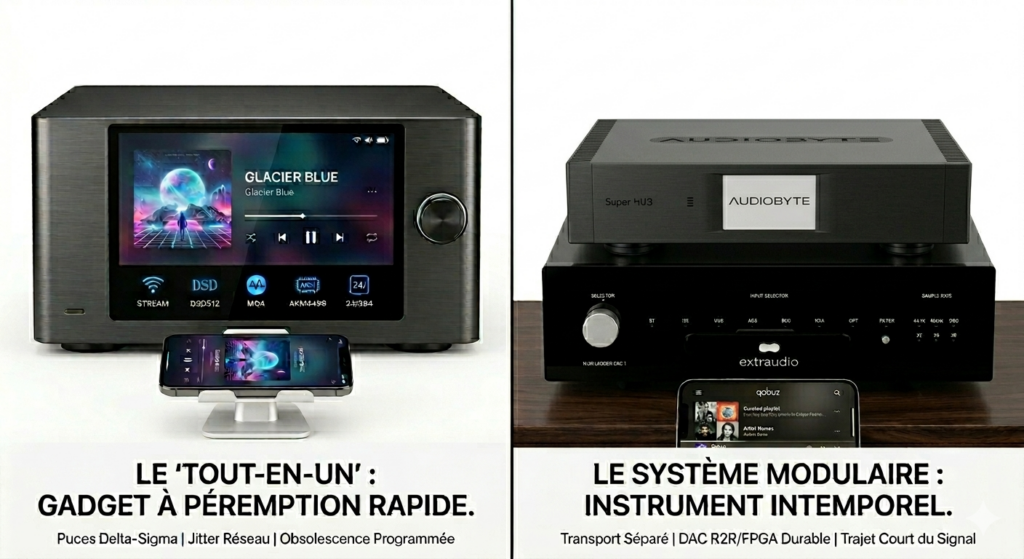 Comparatif visuel : le piège du lecteur réseau tout-en-un face à l'excellence et la durabilité d'un système Hifi modulaire avec Transport AudioByte et DAC Extraudio.