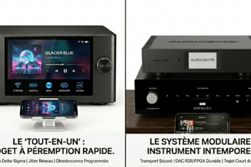 Comparaison visuelle entre un lecteur Hifi tout-en-un compact avec grand écran tactile coloré (gauche) et un système audiophile traditionnel composé d'éléments séparés sobres et noirs (droite) pour illustrer la différence de qualité sonore.