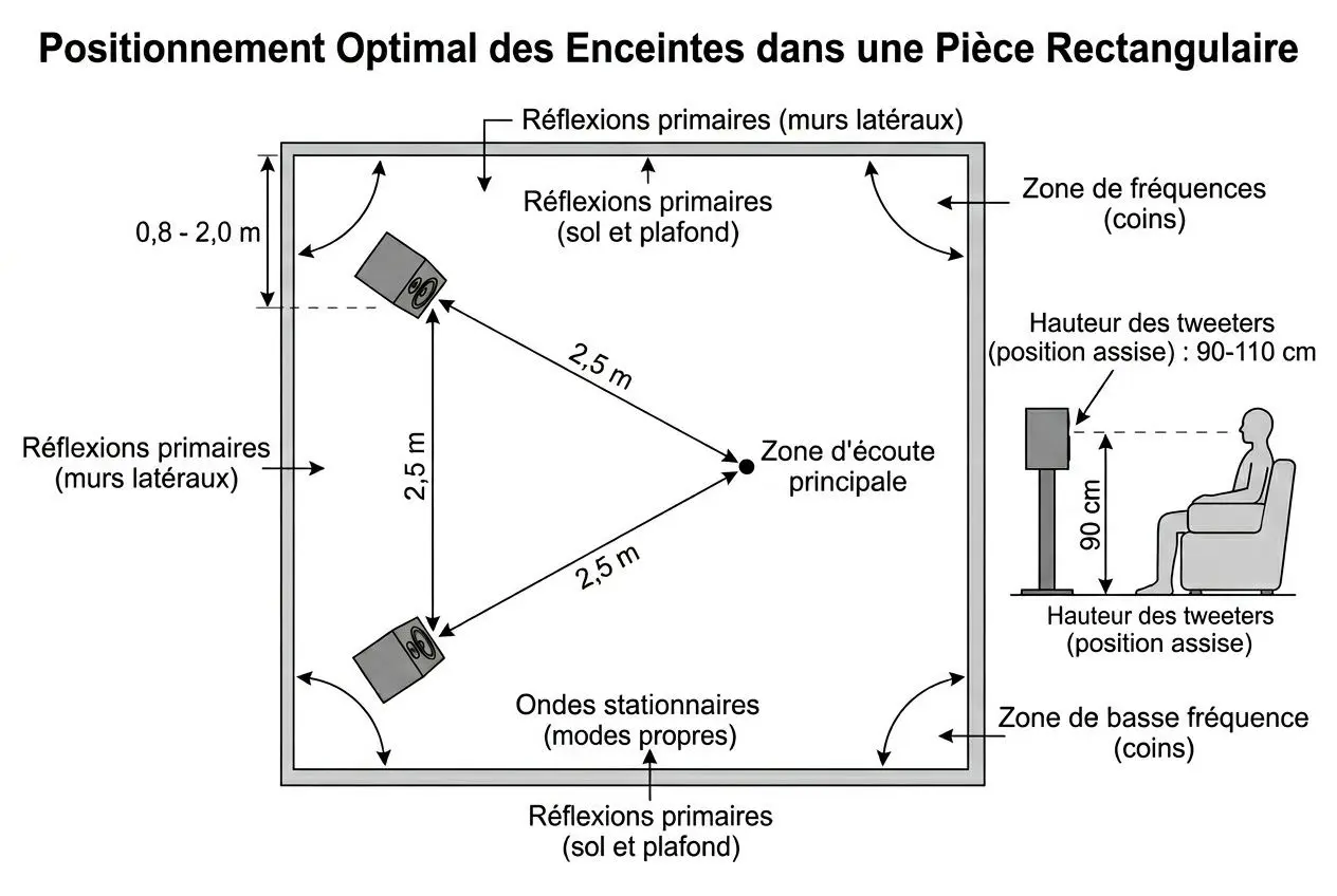 Schéma de positionnement optimal des enceintes dans une pièce rectangulaire pour hi-fi haut de gamme, indiquant distances, zones de réflexions et écoute.