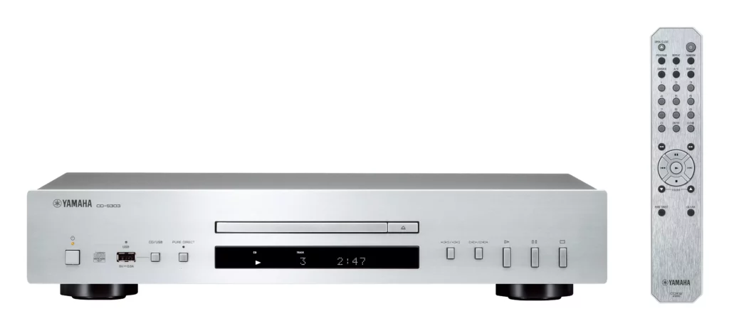 Lecteur de disques compacts audiophile Yamaha CD-S303, finition aluminium brossé noir, vue de face.