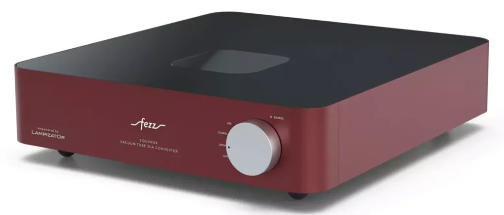 Profil du DAC Fezz Audio Equinox pourpre montrant la trappe coulissante d'accès au tube ECC82.