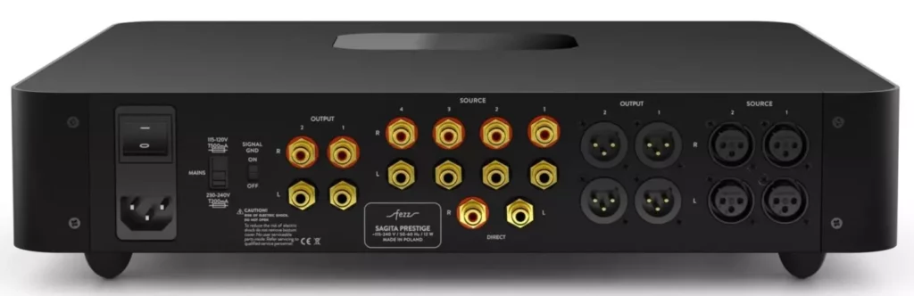 Panneau arrière du préampli Sagita Prestige montrant les entrées XLR symétriques et les sorties bypass.