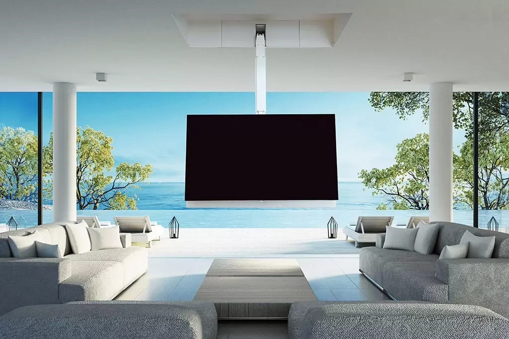 Support motorisé Maior Flip 900R encastrable au plafond pour vidéoprojecteur, design haut de gamme et installation sur mesure SON HD SALON PRIVÉ