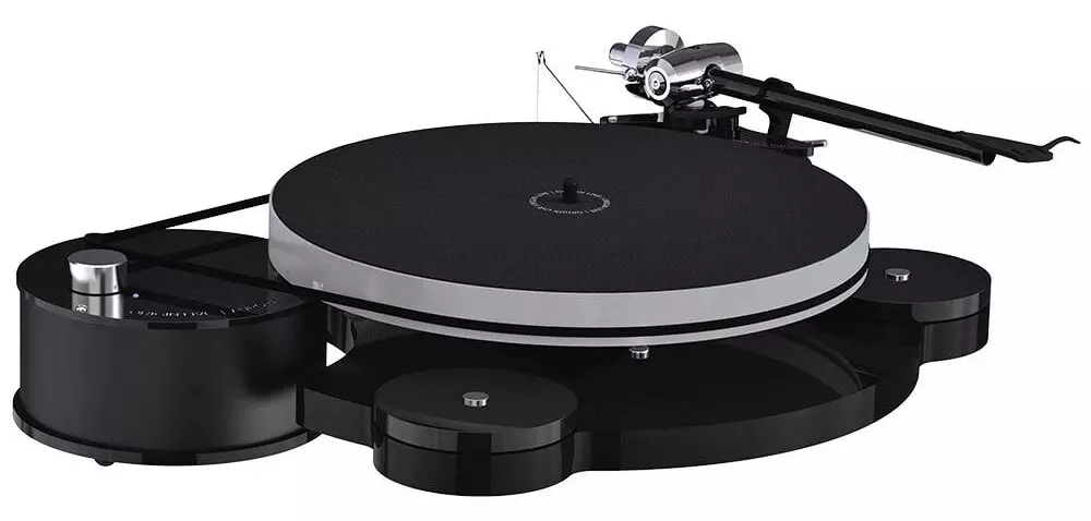 Platine vinyle Origin Live Aurora Mk5, châssis acrylique noir brillant, vue de face.