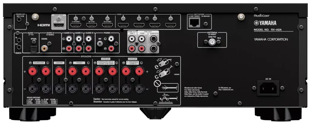 Yamaha RX‑A2A, amplificateur multicanaux Home Cinéma offrant une expérience sonore immersive et fidèle, compatible Dolby Atmos et DTS:X.