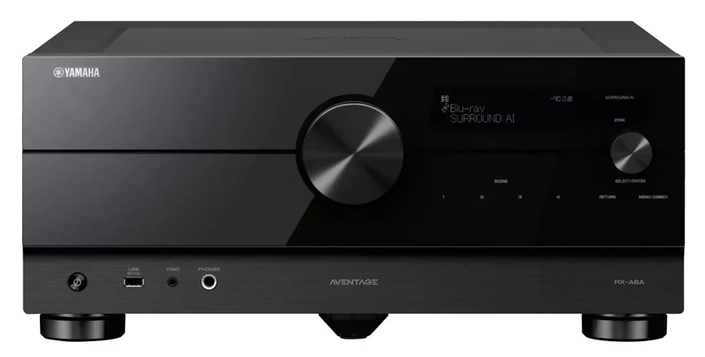 Yamaha RX‑A8A, amplificateur multicanaux Home Cinéma haut de gamme offrant une expérience sonore immersive Dolby Atmos et DTS:X, compatible 4K/8K.