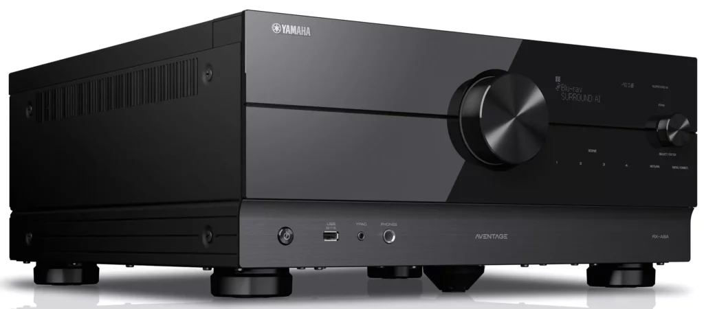 Yamaha RX‑A8A, amplificateur multicanaux Home Cinéma haut de gamme offrant une expérience sonore immersive Dolby Atmos et DTS:X, compatible 4K/8K.