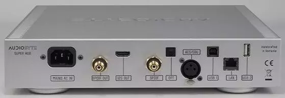 Panneau arrière de l'Audiobyte SuperHUB : sorties I²S HDMI, AES/EBU, SPDIF et port GigaBit Ethernet.