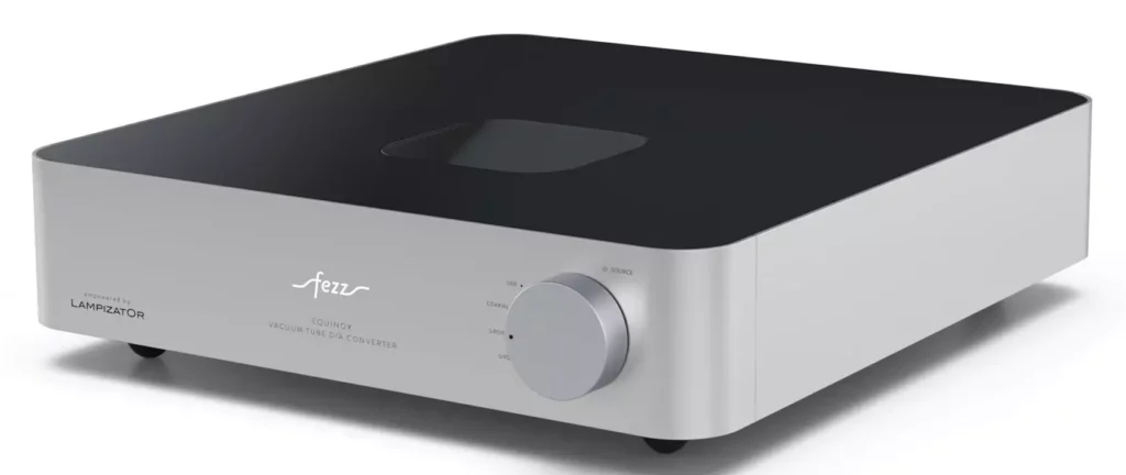 Profil du DAC Fezz Audio Equinox Gris montrant la trappe coulissante d'accès au tube ECC82.
