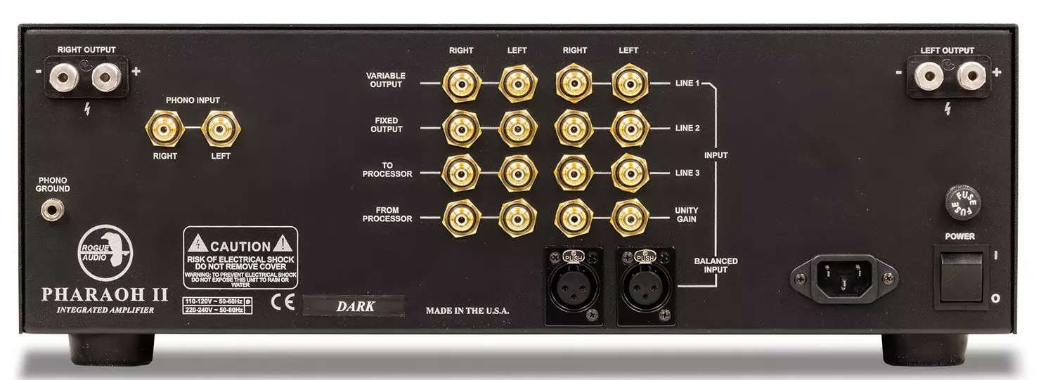 Face arrière du Rogue Audio Pharaoh II Dark avec entrées ligne, XLR, phono et bornes Cardas