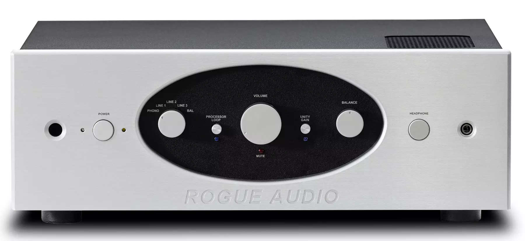 Amplificateur intégré Rogue Audio Pharaoh II Dark, vue de face en finition argent
