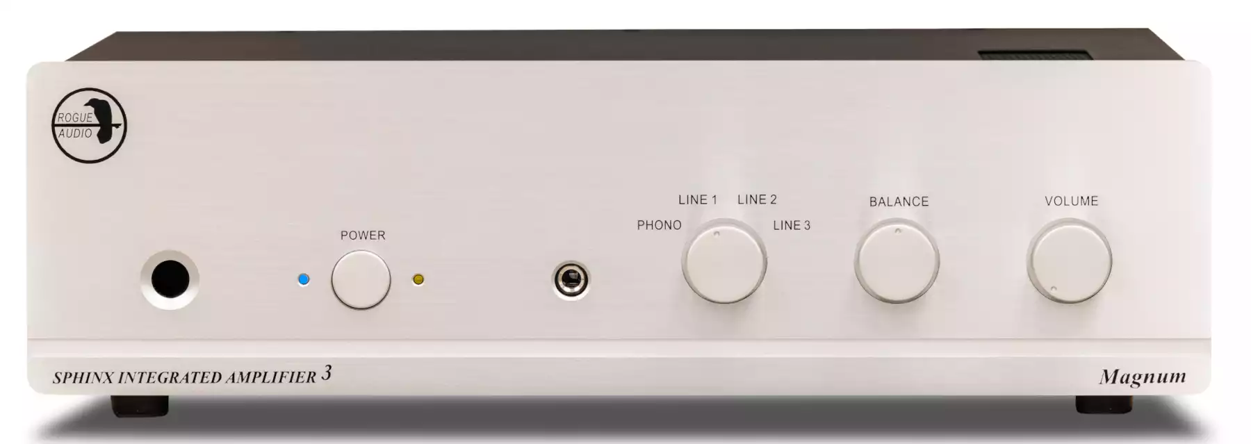 Amplificateur intégré hybride Rogue Audio Sphinx V3 Magnum vu de face en finition argent
