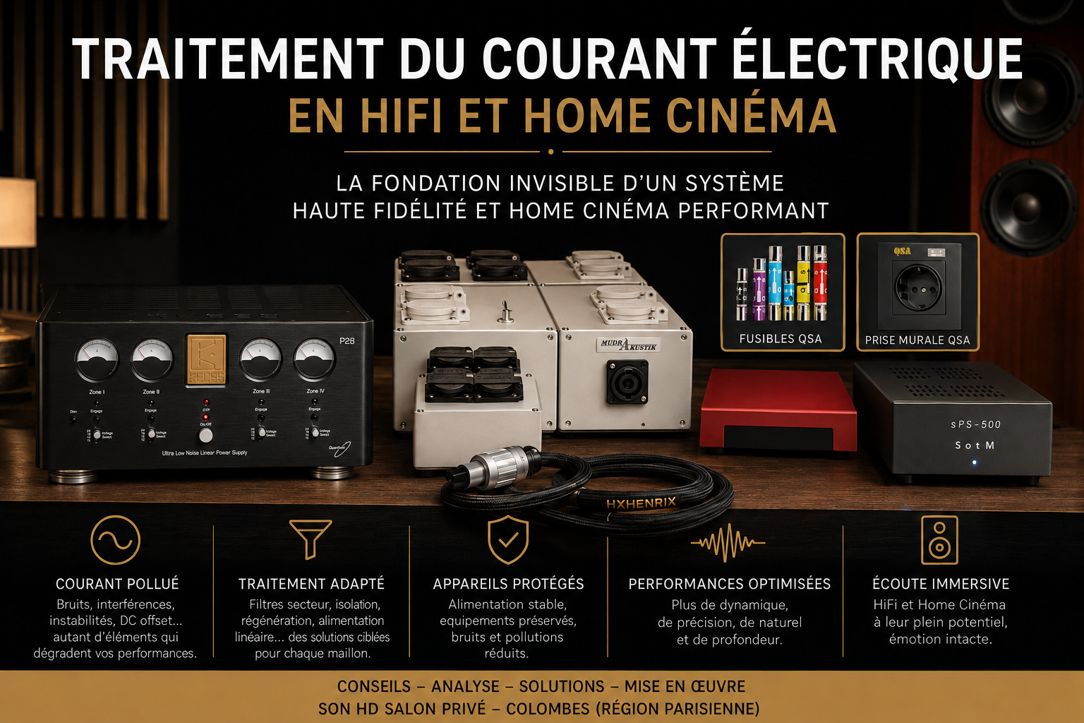 Traitement du courant électrique en HiFi et Home Cinéma avec alimentation linéaire Keces P28, filtre secteur Mudrakustik, fusibles QSA, prise murale QSA, alimentation SOtM sPS-500 et câble secteur HXHenrix